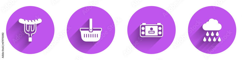 Set Sausage on the fork, Picnic basket, Portable video game console and Cloud with rain icon with long shadow. Vector Set Sausage on the fork, Picnic basket, Portable video game console and Cloud with rain icon with long shadow. Vector