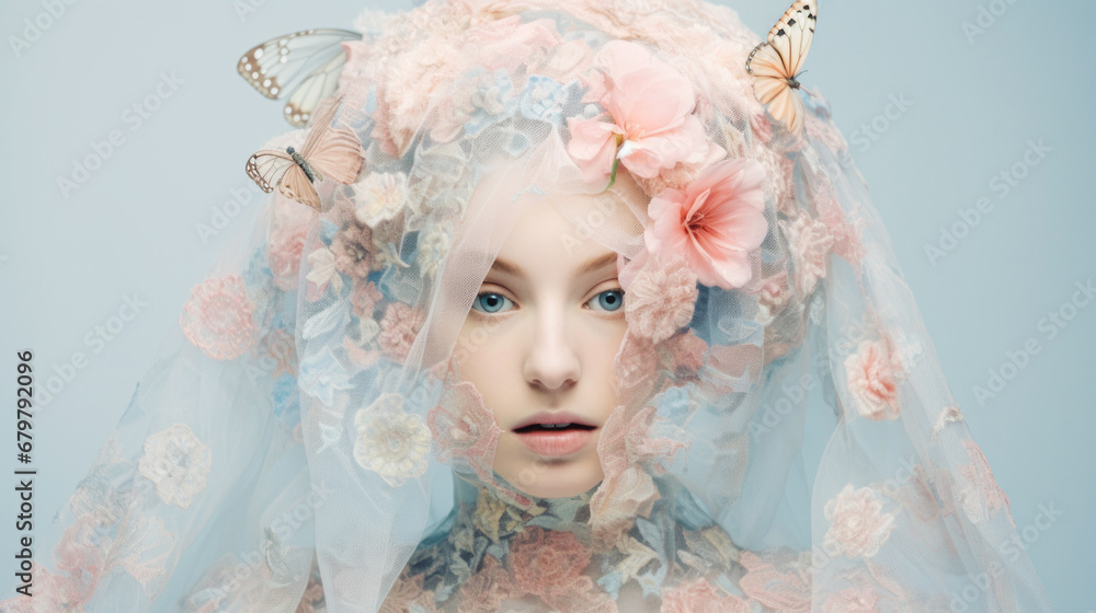 Φωτογραφία An elegant girl in a floral dress with a flower on her head stands in front of a light blue background