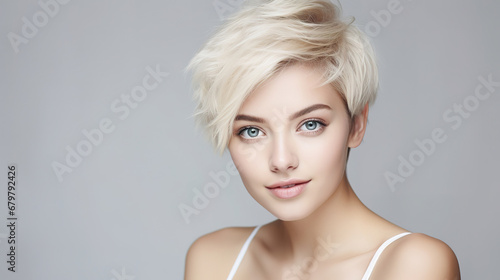 Beautiful elegant european blond-haired smiling young woman with perfect skin and modern short hairstyle, on a white background, close-up, real photo, with empty copy space