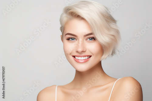 Beautiful elegant european blond-haired smiling young woman with perfect skin and modern short hairstyle  on a white background  close-up  real photo  with empty copy space