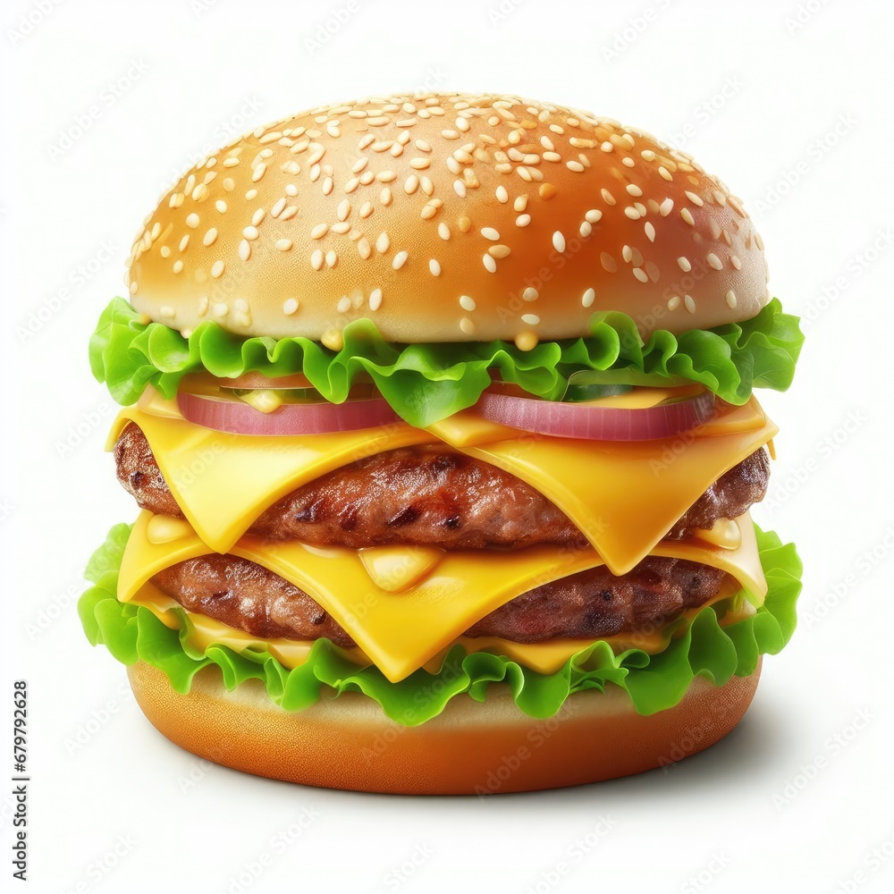 A mouth-watering cheeseburger stands isolated against a white background, its juicy patties layered with melting cheese, crisp lettuce, and fresh tomato slices, all encased in a sesame seed bun. A mouth-watering cheeseburger stands isolated against a white background, its juicy patties layered with melting cheese, crisp lettuce, and fresh tomato slices, all encased in a sesame seed bun.