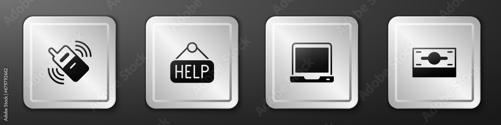 Set Mobile phone, Signboard with text Help, Laptop and Stacks paper money cash icon. Silver square button. Vector