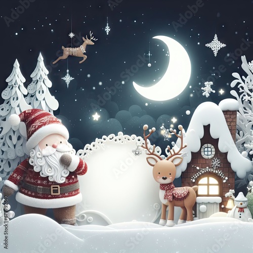 This festive image captures the magic of Christmas with a charming illustration of Santa Claus and a reindeer in a snowy landscape, bathed in the soft glow of a crescent moon. 