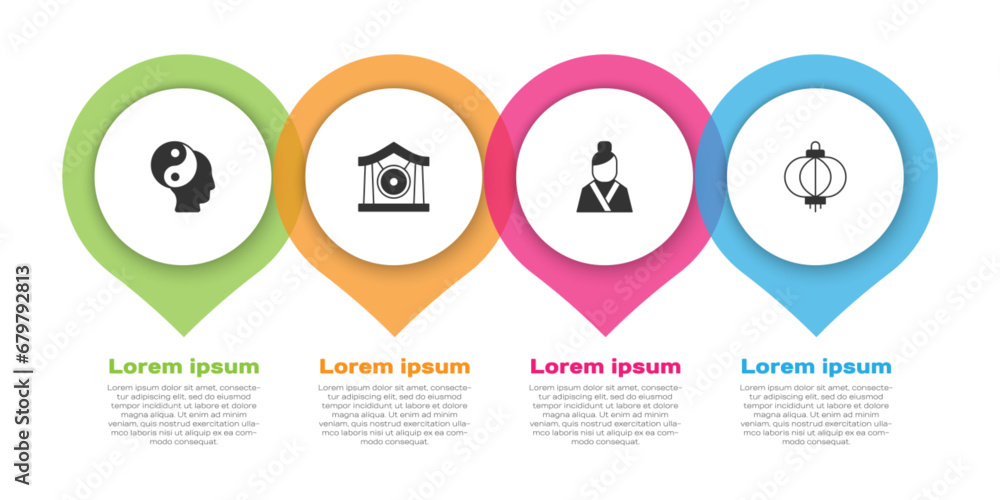 Set Yin Yang symbol, Gong musical instrument, Asian woman and Chinese paper lantern. Business infographic template. Vector Set Yin Yang symbol, Gong musical instrument, Asian woman and Chinese paper lantern. Business infographic template. Vector