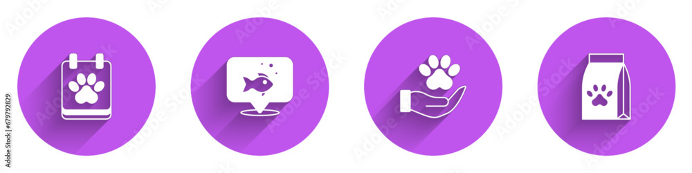 Set Calendar grooming, Fish, Hands with animals footprint and Bag of food for pet icon with long shadow. Vector Set Calendar grooming, Fish, Hands with animals footprint and Bag of food for pet icon with long shadow. Vector