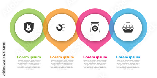 Set Animal health insurance, Pet toys ball, Bag of food for pet and carry case. Business infographic template. Vector