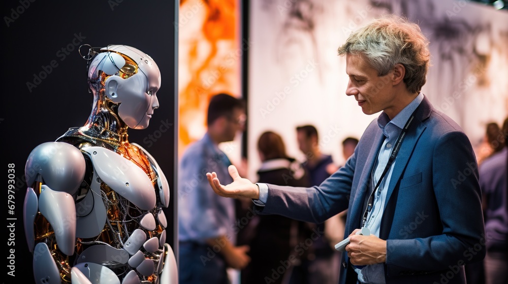 Human interacting with humanoid robot, expressing emotions, showcasing AI-powered robots' potential in human-like connection.