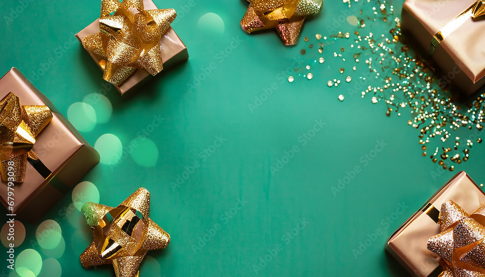 Złote i brązowe prezenty, bliki świetlne i ozdoby na miętowym tle. Bożonarodzeniowe tło z miejscem na tekst - obrazy, fototapety, plakaty 