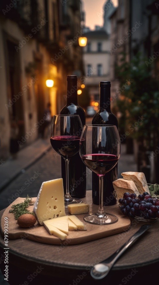 wine bottle with red wine with two wineglasses, grape and different types of cheese on the restaurant table outdoors, background of narrow Italian streets