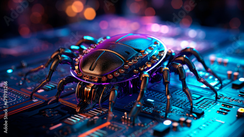 Obraz na płótnie Bug on a computer chip, software security concept. Errors in the program. Bugs in the program.