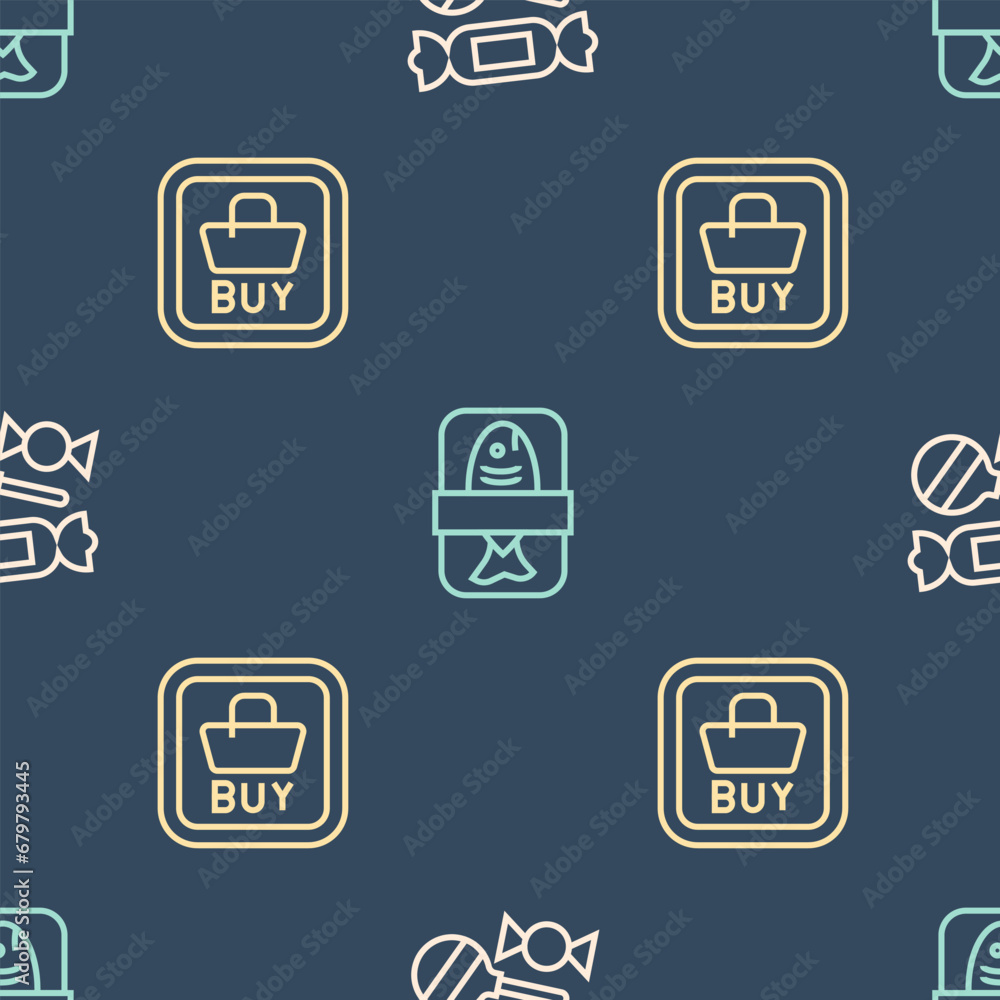 Set line Candy, Buy button and Fish plastic tray container on seamless pattern. Vector Set line Candy, Buy button and Fish plastic tray container on seamless pattern. Vector