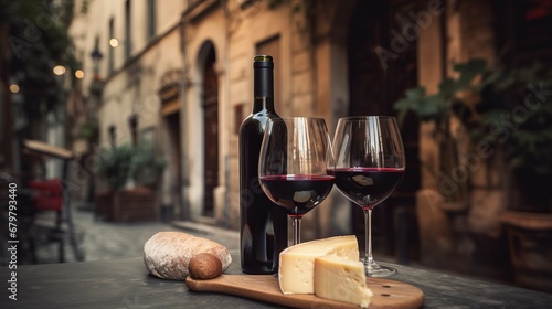 wine bottle with red wine with two wineglasses  grape and different types of cheese on the restaurant table outdoors  background of narrow Italian streets