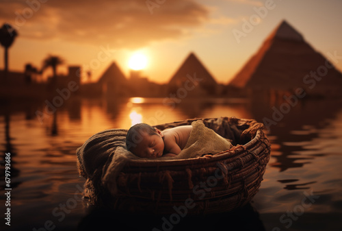 Baby Moses floating in a Basket - River Sunset - Pyramids of Egypt - River's Embrace: Sleeping Infant Moses, a Divine Miracle photo