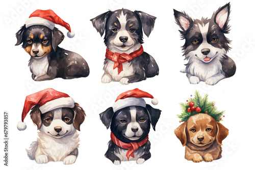Set of christmas dogs. Children s book illustration. Isolated on transparent background PNG.