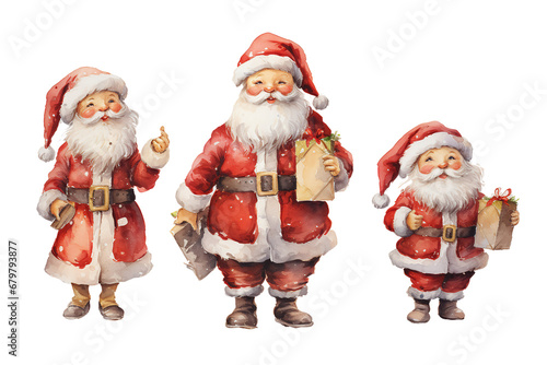 Collection of Christmas Santas. Illustration for Children's Book. Watercolor. Transparent Background PNG. © NoOneSaid