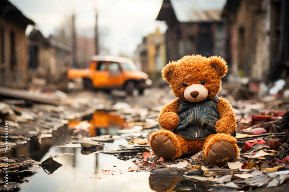A lone teddy bear in a leather jacket sits on a dilapidated street amidst urban ruins, conveying a sense of abandonment and lost childhood. - obrazy, fototapety, plakaty 