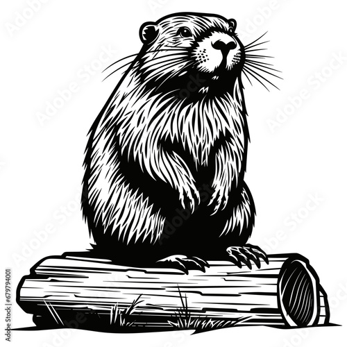 Beaver woodcut style drawing vector illustration photo
