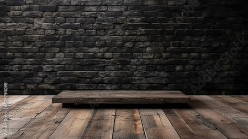 3d old rustic table against a brick wall background. Generative AI