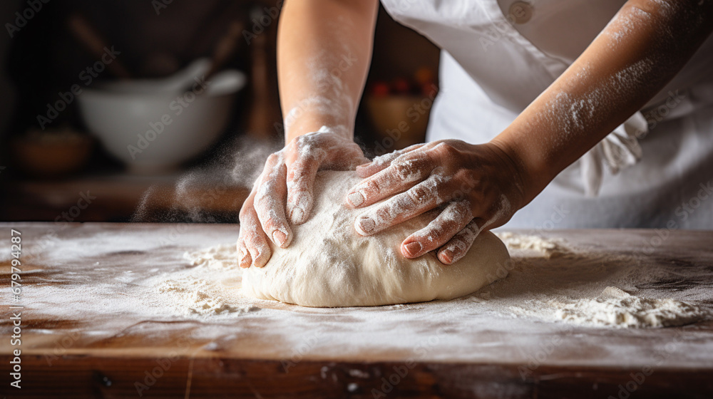 An experienced chef in a professional kitchen prepares dough with flour for cooking. Generative AI
