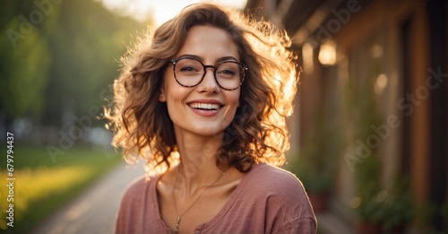 Portrait of a joyful and content woman with glasses enjoying the outdoors. photo