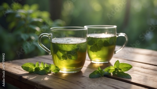 glass cup of mint tea on empty wooden table, blurred background