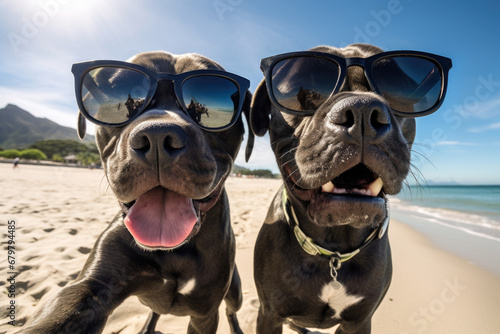 Two cane corso dogs taking selfies on a tropical beach.  © Generative ART