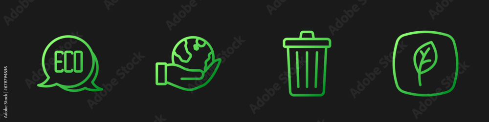 Set line Trash can, Leaf Eco symbol, Hand holding Earth globe and . Gradient color icons. Vector Set line Trash can, Leaf Eco symbol, Hand holding Earth globe and . Gradient color icons. Vector