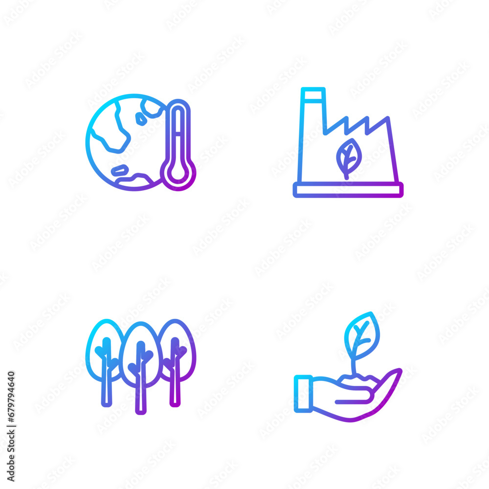 Set line Plant in hand, Tree, Earth melting to global warming and recycling garbage. Gradient color icons. Vector Set line Plant in hand, Tree, Earth melting to global warming and recycling garbage. Gradient color icons. Vector