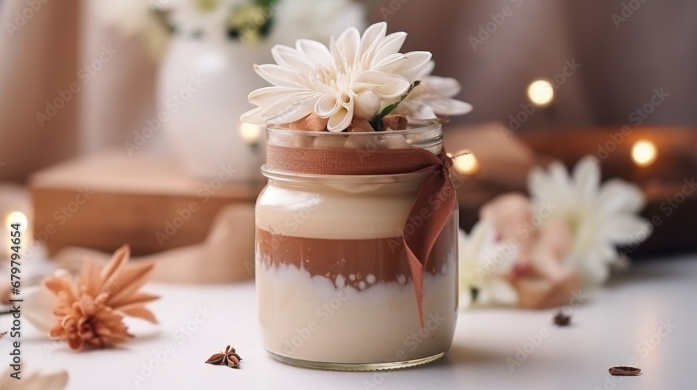 glass jar with herbal or flower cream.Generative AI glass jar with herbal or flower cream.Generative AI
