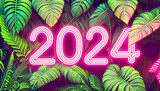 Neonowy napis 2024 wśród zielonych liści