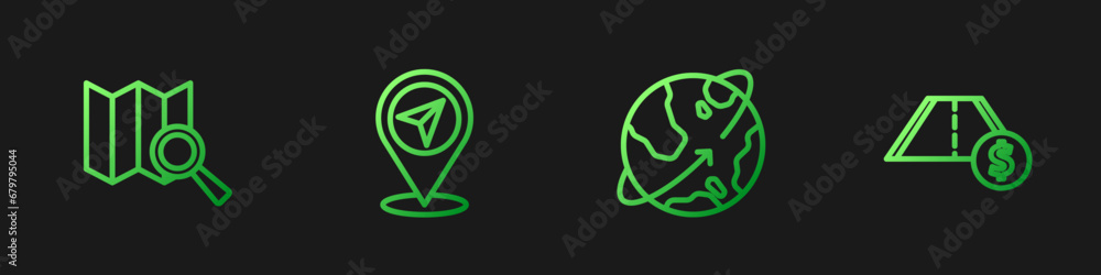 Set line Satellites orbiting the Earth, Search location, Map pin and Toll road traffic. Gradient color icons. Vector Set line Satellites orbiting the Earth, Search location, Map pin and Toll road traffic. Gradient color icons. Vector