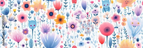 Abstract childish, cute and fun colorful dreamy garden floral seamless pattern wallpaper background with flowers and critters, vector. Generative AI, AI