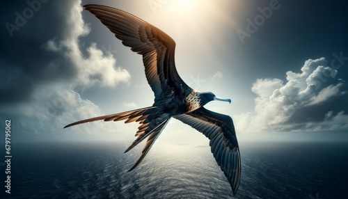 Photograph of Frigatebird (Fregata magnificens) above ocean, showcasing aerial grace.
 photo