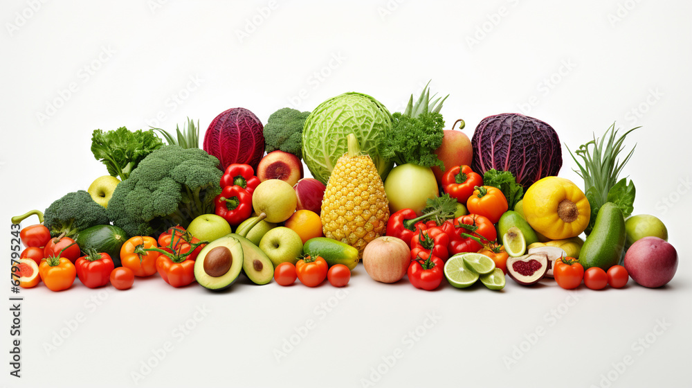 Fruits and vegetables on a white background. banner.Generative AI Fruits and vegetables on a white background. banner.Generative AI