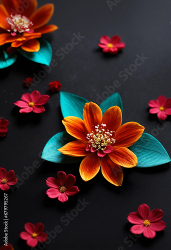Abstract floral background with flowers, leaves, in 3d style, black background,ai generation