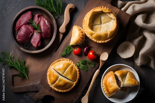 Free photo top view of homemade meat pies bellyache on a wooden platter on dark