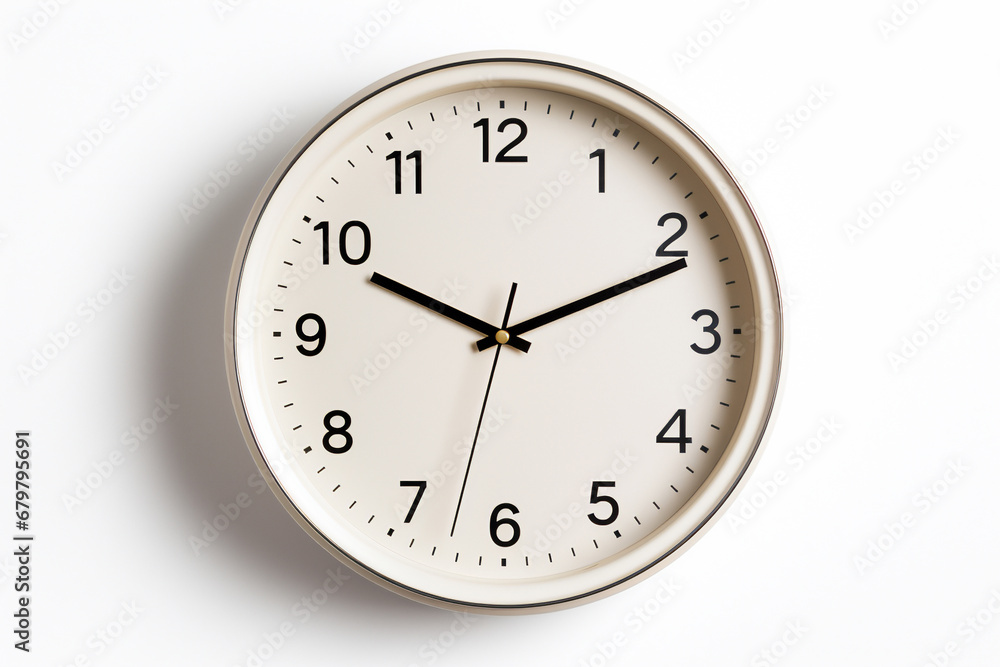 White cream wall clock with a plastic rim, isolated on a white background, computer Generative AI stock illustration image White cream wall clock with a plastic rim, isolated on a white background, computer Generative AI stock illustration image