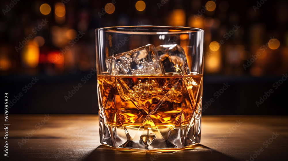 A glass of whiskey or rum with ice on a bar background.Generative AI A glass of whiskey or rum with ice on a bar background.Generative AI