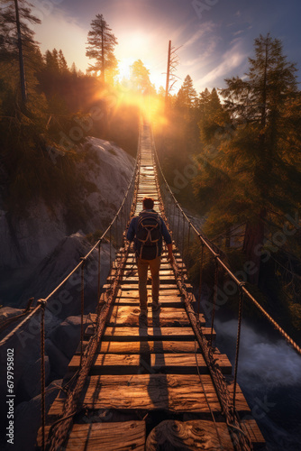 Traveler standing on rope bridge, sunshine photo
