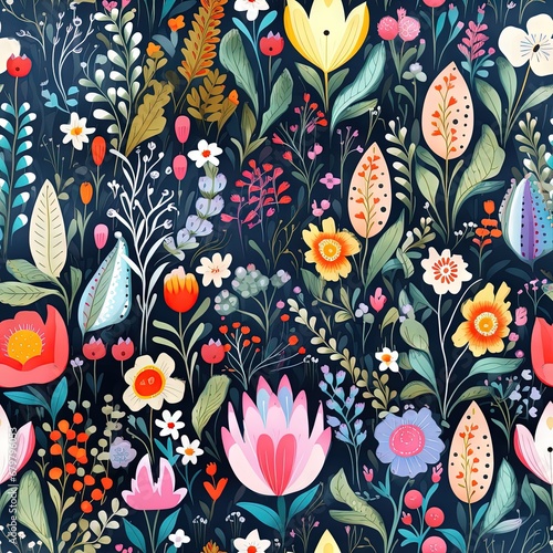 Abstract childish  cute and fun colorful dreamy garden floral seamless pattern wallpaper background with flowers and critters. Generative AI  AI