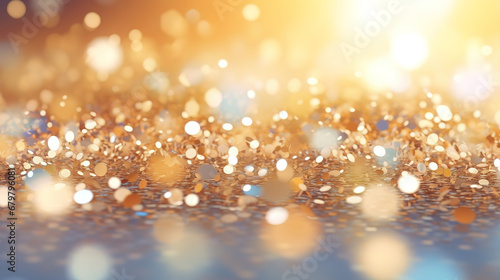 Bokeh sky, white gold glow light texture, spring summer background. Generative AI