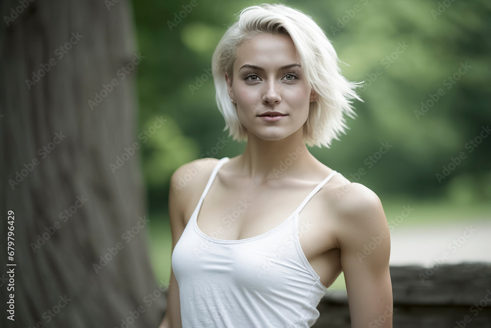 Serene Moment: Blonde Woman in White Tank Top Appreciating Nature in a Lush Park, ai generative Serene Moment: Blonde Woman in White Tank Top Appreciating Nature in a Lush Park, ai generative