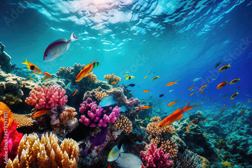 Underwater world with coral reefs teeming with diverse marine life
