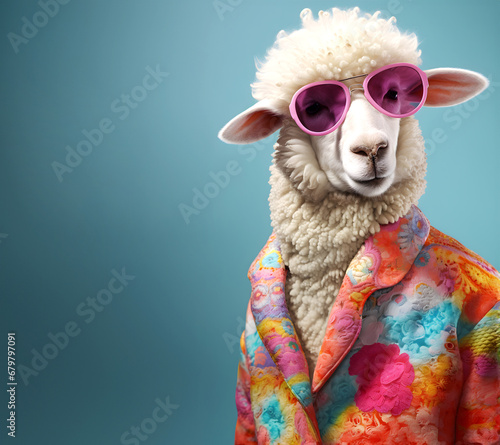 Creative animal concept. Sheep Lamb in glam fashionable couture high end outfits isolated on bright background advertisement, copy space. birthday party invite invitation banner 
