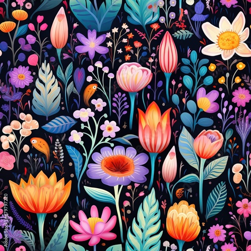 Abstract childish  cute and fun colorful dreamy garden floral seamless pattern wallpaper background with flowers and critters. Generative AI  AI