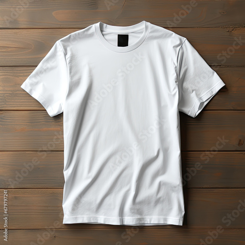 White blank slim fit T-shirt with black label on dark wooden background 