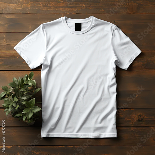 White blank regular fit T-shirt with black label on wooden background and indoor plant
