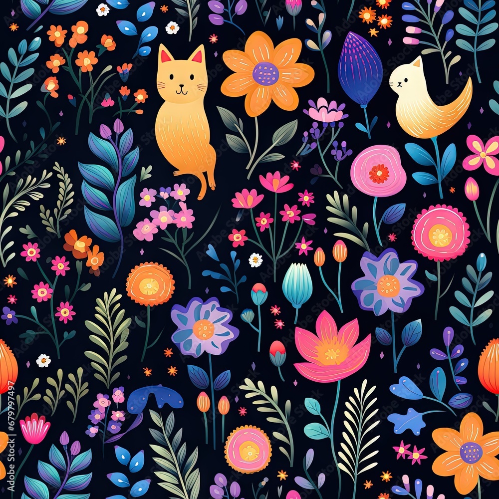 Fototapeta premium Abstract childish, cute and fun colorful dreamy garden floral seamless pattern wallpaper background with flowers and critters. Generative AI, AI