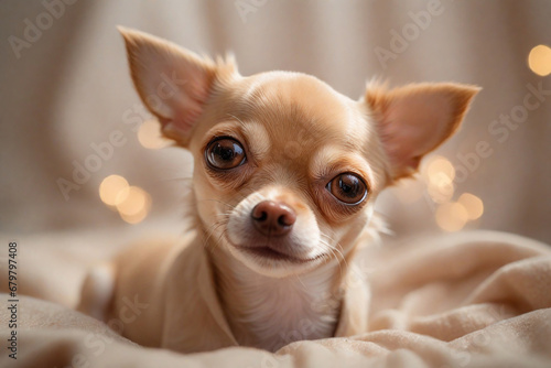 Closeup portrait of small funny beige mini chihuahua dog photo