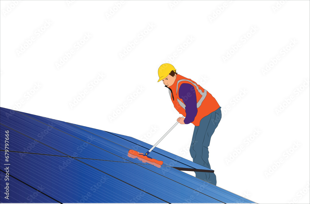 Naklejka premium Solar panel maintenance Male technician in industry uniform and safety hat gentle cleaning of solar panels with brush. Ensuring optimal cleanliness for maximum efficiency of solar thermal panels.